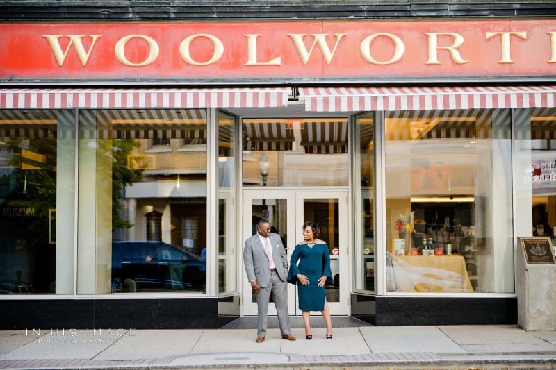 Engagement photo in front of the historic Woolworth