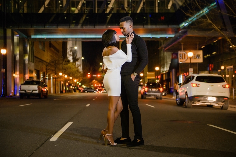 Downtown Charlotte engagement session in the evening