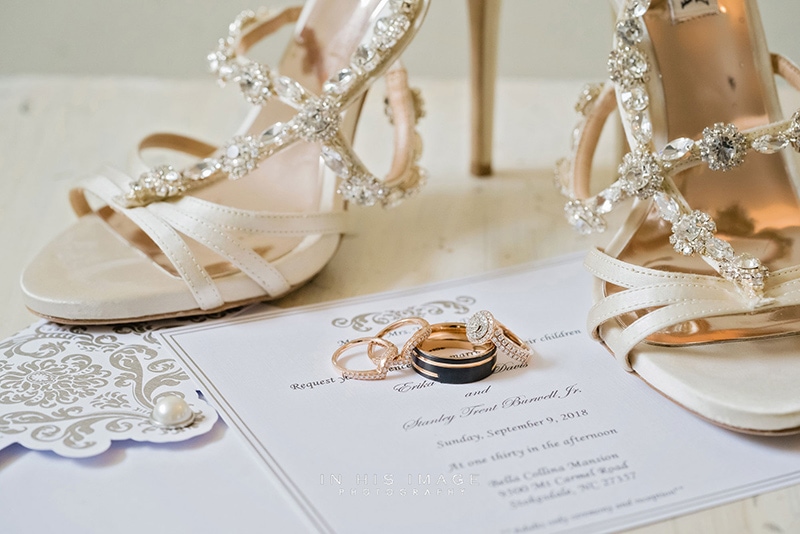 Wedding ring and champagne colored wedding shoes