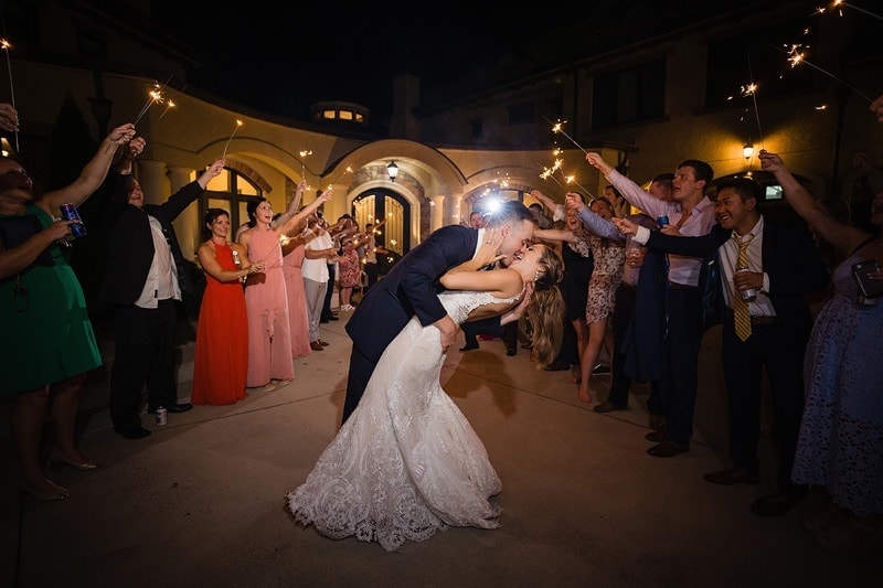 Exceptional wedding photography capturing a couple's joyous kiss amidst glowing sparklers, witnessed by their enchanted guests.