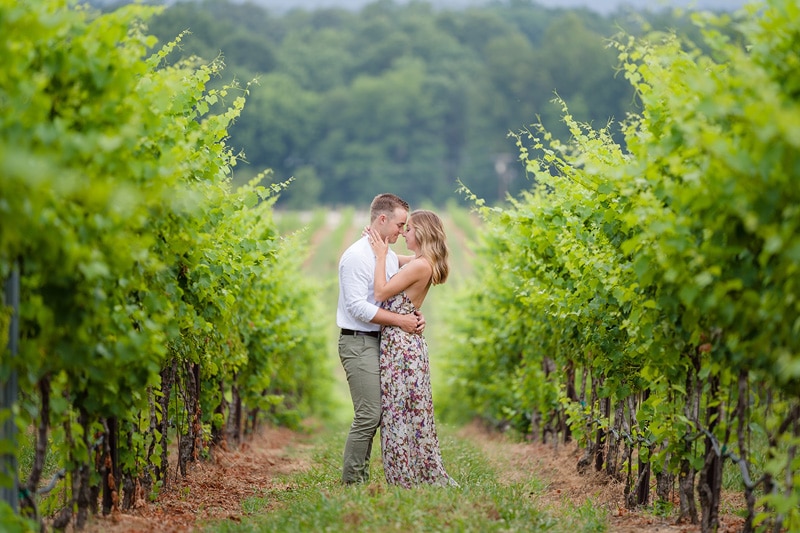 Engagement photos of a couple kissing in a vineyard captured by an engagement photographer.