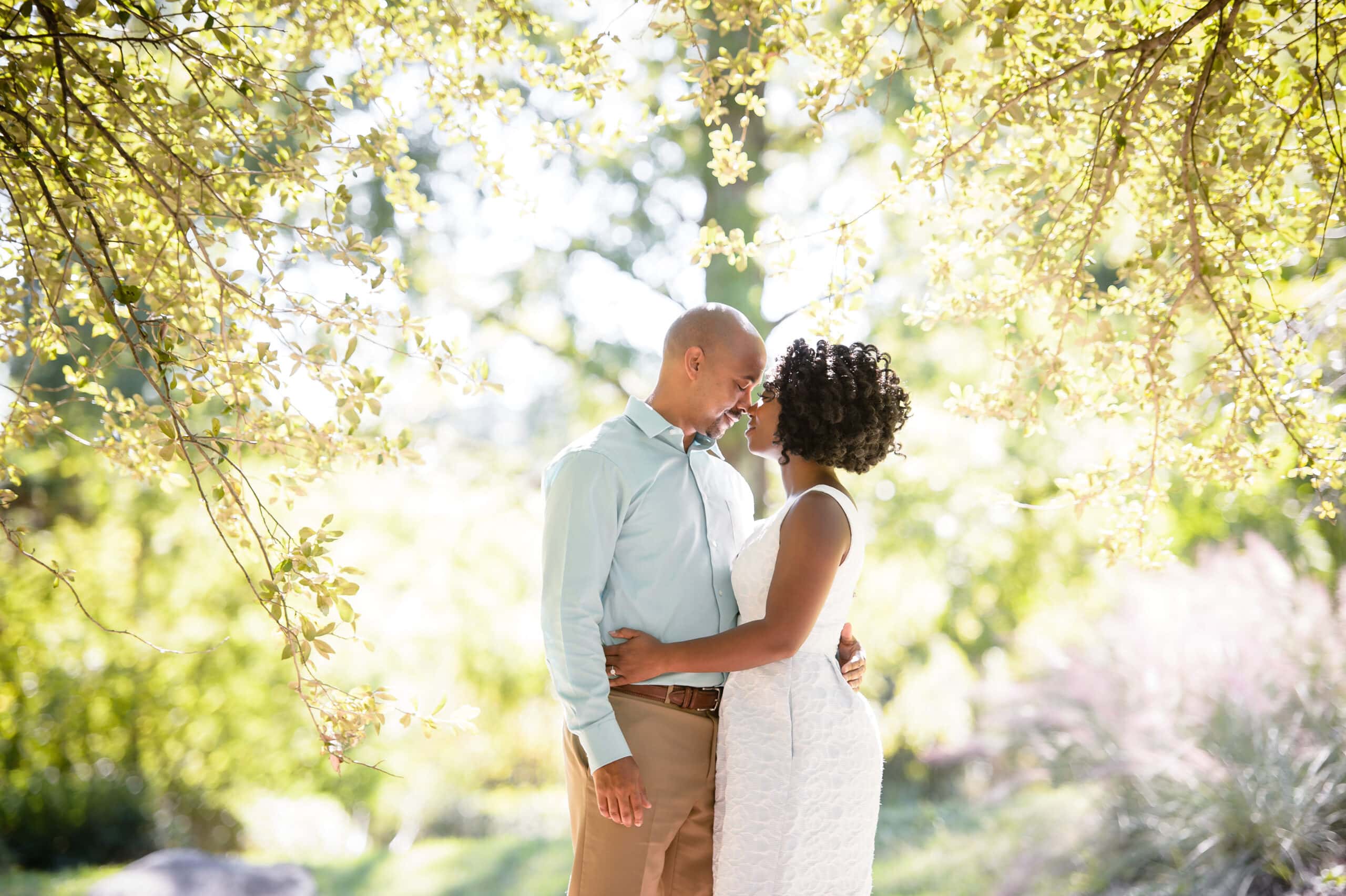 A couple kisses under a tree in one of the best locations for engagement photos in Fayetteville during their engagement session.