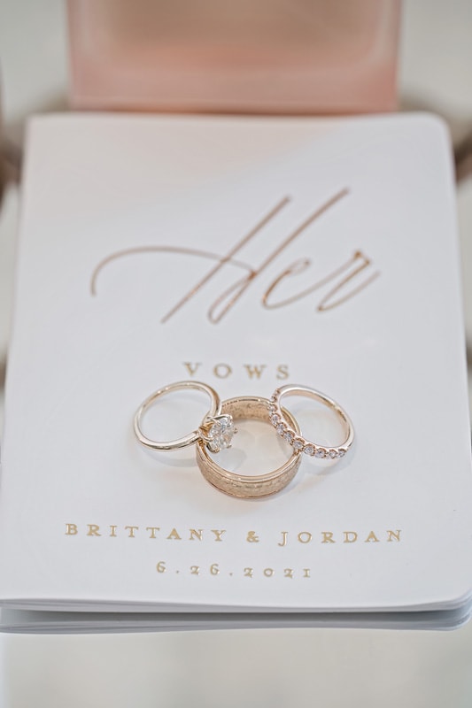 Wedding rings on a table with a Board & Batten Events wedding invitation.