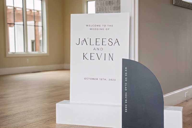 A sign with the words jaleesa and kevin on it at The Bradford wedding venue.